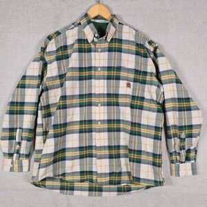 Cinch Mens Plaid Button Down Shirt Green Yellow White Cotton Long Sleeve Large